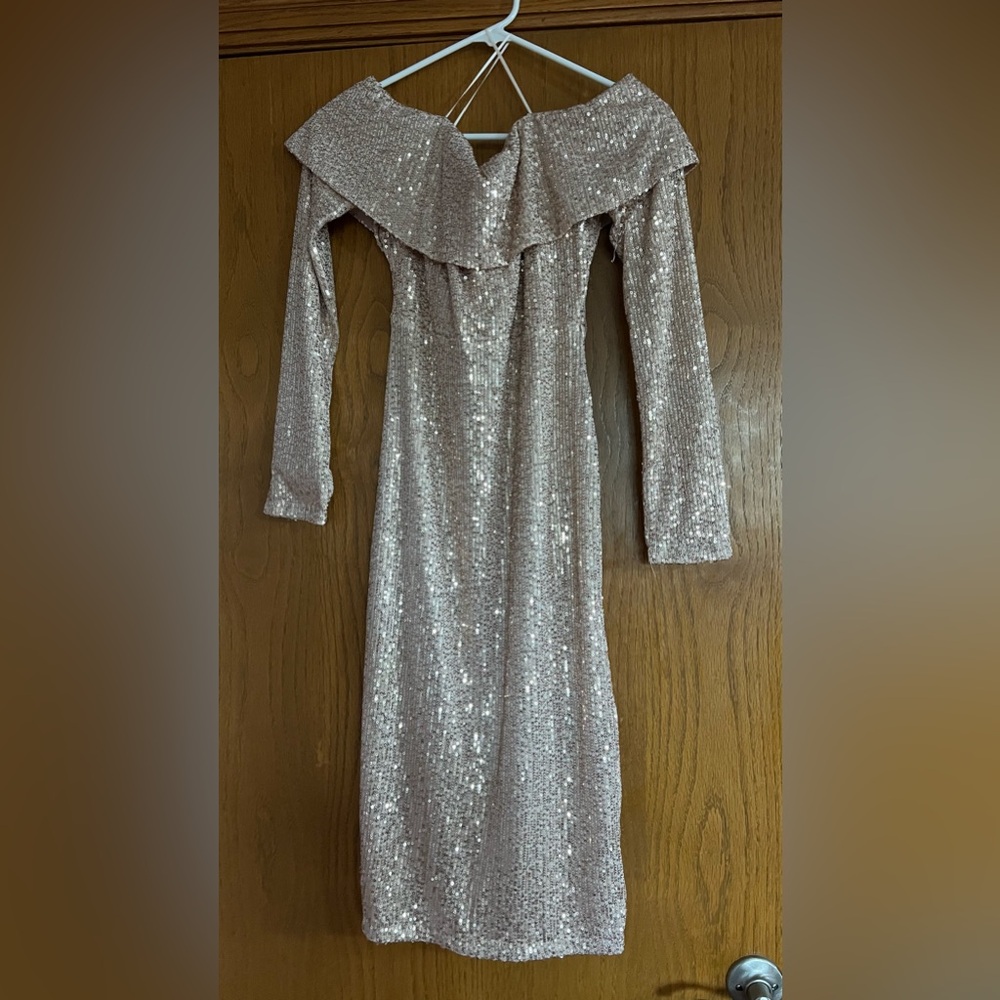 Rose gold off shoulder sequin dress